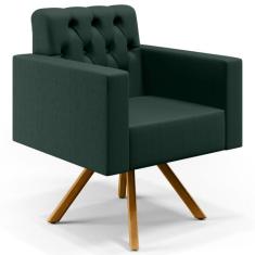 Poltrona Decorativa Giratória Base de Madeira Manu L02 Capitonê Linho 