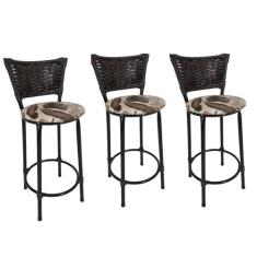 Kit 3 Banquetas Altas Preta com Encosto Junco Argila Assento Floral Ma