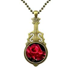 DIYthinker Colar moderno com rosas vermelhas, flores Art Deco, presente moderno com pingente de música de guitarra antiga