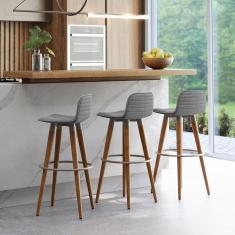 Kit 3 Banquetas Altas Luxo Versatil Aço Champanhe Linho Cinza Base Carvalho 