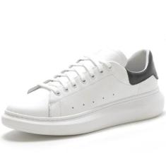 Tênis Casual Basico em Couro Masculino com Recortes Cadarço e Sola Costurada-Masculino