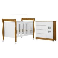 Quarto de Bebê com Berço Mini Cama 100% Mdf Slim e Cômoda de Bebê 100% Mdf 1 Porta 4 Gavetas Life Branco/madeirado Ypê