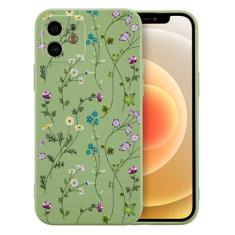 RALEAVO Capa floral para iPhone 12, capa de silicone líquido com lindo padrão de ramo de flores para meninas e mulheres, capa protetora de borracha macia fina para iPhone 12 (6,1 polegadas), verde