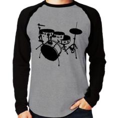 Camiseta Raglan Bateria Música Baterista Manga Longa - Foca na Moda, C