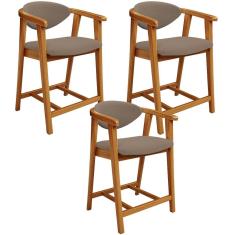 Kit 3 Banquetas Baixa Cecília L02 Madeira Eucalipto Assento Tecido Bege Lyam Decor