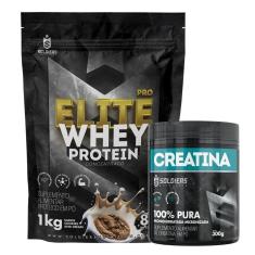 Kit: Whey Protein Elite Pro 1kg + Creatina Monohidratada Pote 300g - 100% Pura Importada - Soldiers-Unissex