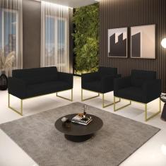 Kit 1 Sofá Namoradeira e 2 Poltronas Elisa Linho Base Metálica Industr