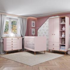 Guarda-Roupa Bartira Ternura com 5 Nichos, 2 Portas, 2 Gavetas + Cômoda Ternura com 5 Gavetas e 1 Porta + Berço Móveis Estrela Ternura