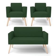Sofá Namoradeira Com 2 Poltronas Pés Palito Natural Marisa Veludo Verde D03 - D'rossi