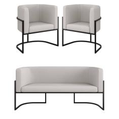 Kit 2 Cadeiras Poltronas + Sofá 2 Lugares Base Preta Corino Bege