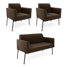 Sofá Namoradeira E 2 Poltronas Pé De Ferro Preto Marisa Suede Marrom D03 - D`rossi