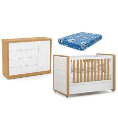 Berço Americano com Capitonê New Boucle e Cômoda Infantil Tutto New Freijó Branco Acetinado e Colchão Ortobom - Matic