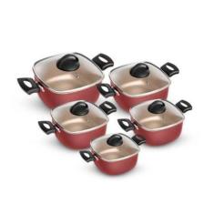 Conjunto de Panelas Quadrada Caçarola 5 Peças Antiaderente Vermelho/Cr