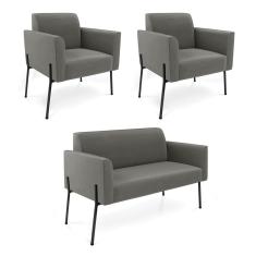 Sofá Namoradeira E 2 Poltronas Pé De Ferro Preto Marisa Suede D03 - D'rossi Cor Grafite