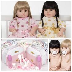 Bonecas Gêmeas Reborn Recém Nascidas 100% Silicone 40 Itens - Cegonha 