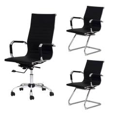 Kit Escritório Stripes 1 Cadeira Giratória Presidente 2 Cadeiras Interlocutor Fixa Preta Office
