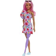 Boneca Barbie Fashionistas #189, Cabelo Rosa, Vestido Floral, Óculos de Sol, Perna Prótese, Ténis, Brinquedo 3-8 Anos.