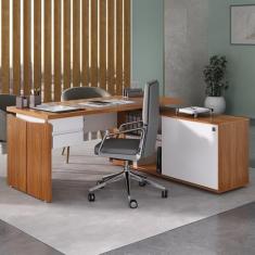 Mesa para Escritório em L Diretor com Armário e 2 Gavetas Freijó/Branco
