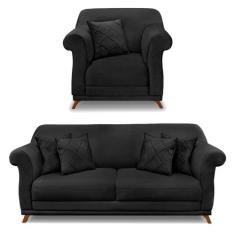 Kit Poltrona e Sofá Living 2 Lugares 1,60m Vênus Veludo Pés Castanho -