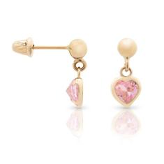 Brinco Ouro 18K Infantil Bolinha com Coração De Zircônia Rosa 10mm - A