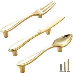 Sinyiol Puxadores engraçados de talheres para armário de mesa, 3 peças, forma criativa de garfo de colher, formato de faca com orifício central de 7,6 cm, alças vintage para armário de cozinha, fofas