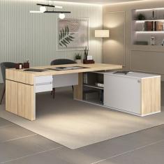 Mesa para Escritório Diretor em Tamburato com 2 Gavetas Carvalho/Branco