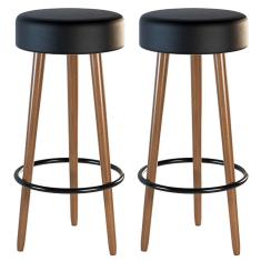 Kit 2 Banquetas Estofada Com Pés De Madeira Couríssimo Preto