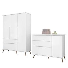 Jogo de Quarto Infantil Retrô Alice Guarda Roupa e Cômoda com Porta - PR Baby