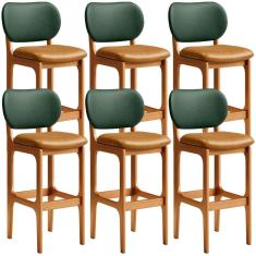 Kit 6 Banquetas Altas Betta L02 Assento Estofado Madeira Taeda Encosto Facto Verde Musgo Lyam Decor