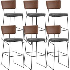 Kit 6 Banquetas Altas Allana L02 Assento em Linho Base em Aço Encosto em Couríssimo Marrom Cinza Escuro