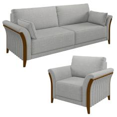 Kit Sofá Living 3 Lugares E Poltrona 102cm Pés Madeira Roya M22 Linho Cinza - Mpozenato