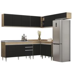 Armário De Cozinha Modulado De Canto 7 Peças Cp24 Com Pia Inox Castanho/preto - Lumil