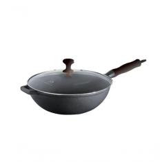 Panela Wok Ferro Fundido Tampa Vidro Preta 28Cm.
