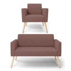 Sofá Namoradeira com Poltrona Pés Palito Natural Marisa Veludo Rosê D03 - D'Rossi