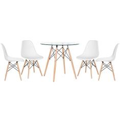 Loft7, Kit Mesa redonda de vidro Eames 80 cm + 4 cadeiras Eiffel Dsw branco
