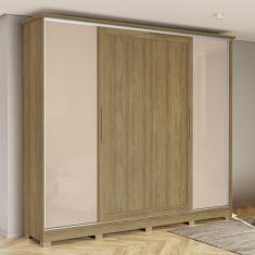 Guarda Roupa com Espelho e Pés 4 Portas Correr 4 Gavetas Kappesberg Nogueira/Macadamia