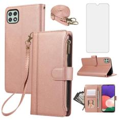 Asuwish Capa de celular para Samsung Galaxy A22 5G com zíper carteira celular com protetor de tela de vidro temperado alça transversal cordão suporte para cartão de crédito couro A 22 22A A22s G5