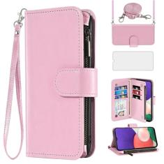 Asuwish Capa de celular para Samsung Galaxy A22 5G carteira celular com protetor de tela de vidro temperado alça transversal flip zíper suporte para cartão de crédito TPU slot suporte A 22 22A A22s G5