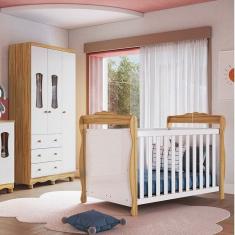 Quarto de Bebê Guarda-roupa 3 Portas com Janelas e Berço Minicama 100% Mdf Aurora Espresso Móveis Branco Brilho/Amêndoa