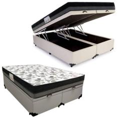 Cama Box Baú Casal Sintético Bipartido + Colchão Ortobom ISO Dupla Fac