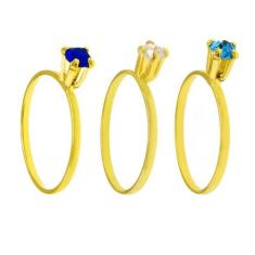 KIT 3 Anéis Solitário Horus Import Banhado Ouro Amarelo 18K - KIT16403