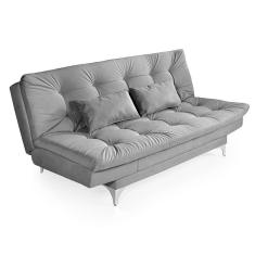 Sofá-Cama 3 Lugares Casal Versátil Veludo Liso Cinza
