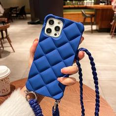 Estojo com cordão cruzado 3D Diamond Lattice para iPhone 14 11 12 13 Pro Max XR XS X 6 7 8 Plus SE Silicone Bumper Cover, Azul Klein, Para iPhone 13 Mini