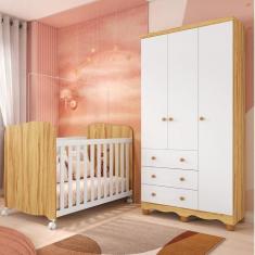 Quarto de Bebê com Guarda Roupas 3 Portas e Berço com Rodízio Mimo 100% Mdf Branco Brilho/Amêndoa
