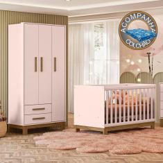 Quarto de Bebê Qencanto Slim com Roupeiro 4340 e Berço 4315 Qmovi Rosa Acetinado + Colchão Ortobom