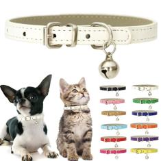 Coleira de gato com sino, coleiras de couro sintético macio para cães pequenos fivela ajustável para PPP XS extra pequeno médio pequeno fêmea machos meninos meninas animais de estimação filhote de
