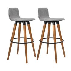 Kit 2 Banquetas Altas Luxo Versatil Aço Preto Linho Cinza Base Carvalh