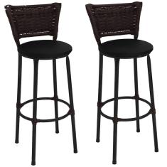 Kit 2 Banquetas Médias Preta com Encosto Junco Argila Assento Preto