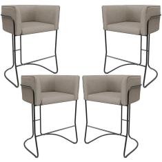 Kit 04 Banquetas Baixa Base De Aço Preto Betina D02 Linho Bege D-463 - Lyam Decor