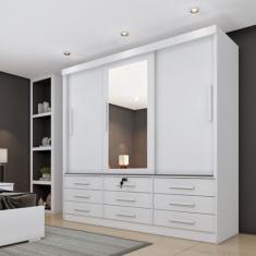 Guarda Roupa Casal com Espelho 3 Portas de Correr 9 Gavetas 199cm Chic